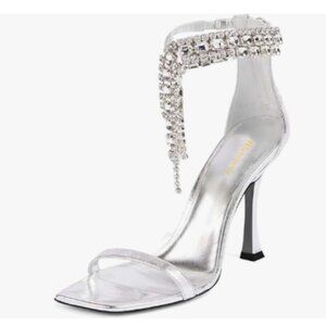 Wansseny Silver Gorgeous Rhinestone Ankle Strap Open Square Toe Back Zip Sandals